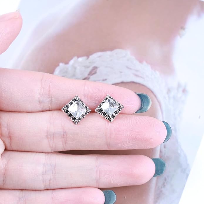 Boho Tiny Crystal Square Earrings Silver Cz Square Earrings Cz Rhinestone Square Stud Earrings Silver Geometric Earrings Jewelry for Women and Girls-Velvo Beauty