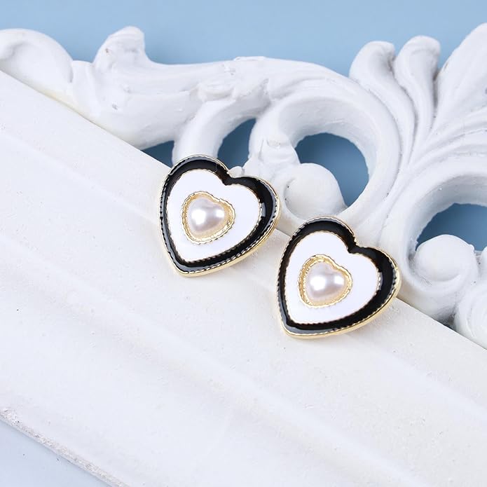 Vintage Pearl Heart Stud Earrings Enamel Heart Earrings Heart Love Earrings White Minimal Earrings Jewelry for Women-Velvo Beauty