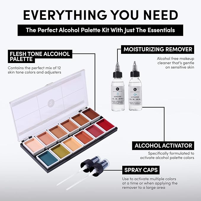 Flesh Tone Alcohol-Activated Palette, Activator, and Remover Kit, Professional SFX Makeup Set, Tattoo Cover-Velvo Beauty