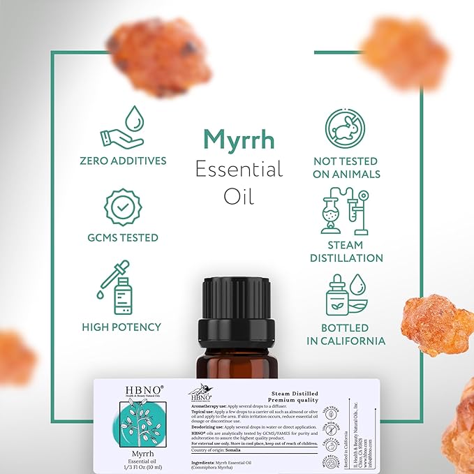 HBNO Myrrh Essential Oil - 1/3 oz (10 ml) Travel Size - Natural Myrrh Oil - Perfect for Cleaning, Aromatherapy, DIY, Soap and Diffuser - Myrrh Essential Oils-Velvo Beauty