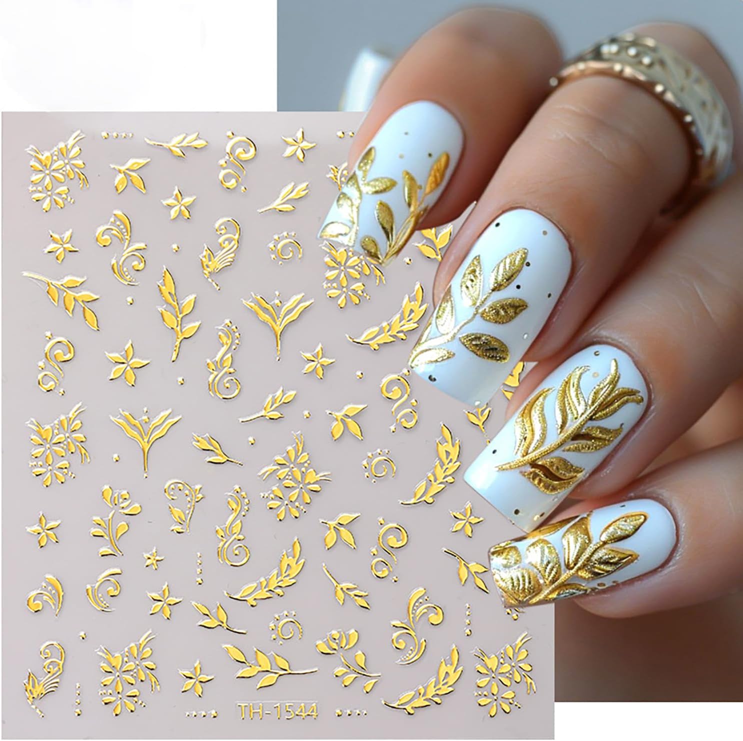 6 Sheets Gold Nail Art Stickers 3D Self -Adhesive Golden Flowers Leaves Nail Decals Holographic Hot Stamping Floral Nail Stickers Summer Blossom Nail Decoration for Women DIY Manicure Supplies-Velvo Beauty