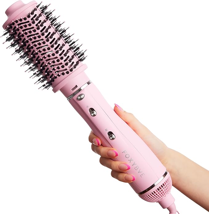 FoxyBae 3-in-1 Ceramic Interchangeable Hair Tools - Blowout Dryer - 3 Detachable Heads - 2.4" Blowout Brush, 1.5" Hot Round Brush & Drying Cylinder Hair Dryer Brush & Hair Styling Set [Party Pink]-Velvo Beauty