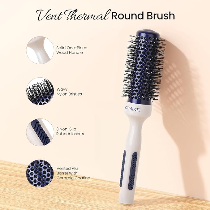 AIMIKE Nano Ionic Tech Small Round Brush, Ceramic Round Brush for Blow Drying, Styling and Boost Volume, Natural Wood Round Hair Brush, One Piece Design - 1.4 Inch/35mm-Velvo Beauty