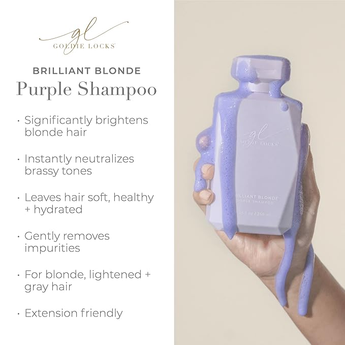 Goldie Locks Brilliant Blonde Purple Shampoo for Blonde, Lightened, Grey Hair, Extensions, Significantly Brightens, Tones, Eliminates Brass, Sulfate-Free, Nourishing, Moisturizing Leave-In, 33.8 Fl Oz-Velvo Beauty