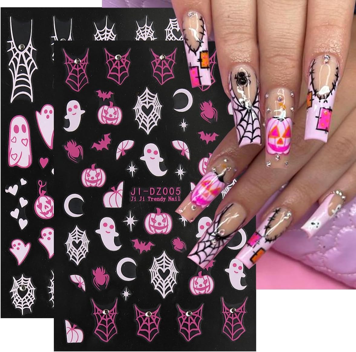 6Sheets Halloween Nail Stickers for Nail Art,3D Self-Adhesive Cute Ghost Spider Web Nail Decals with Rhinestones Design,Pink Pumpkin Spiders Skull Nail Art Stickers for Women Girls DIY Nail Decoration-Velvo Beauty