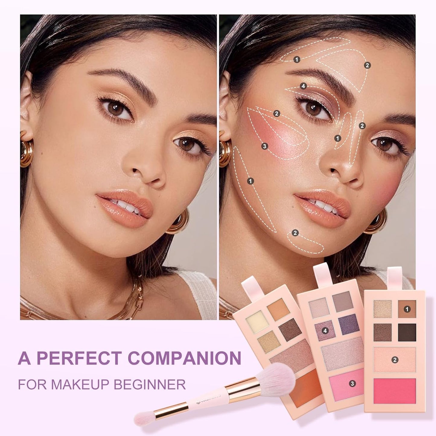 Color Nymph Small Makeup Palette Set for Face | Cosmetics Gift Set for Women & Girls | 12 Colors Eyeshadow, Blush, Highlighter, Contour Powder, Lip Gloss & Brush Kit | Travel-Friendly (Purple)-Velvo Beauty