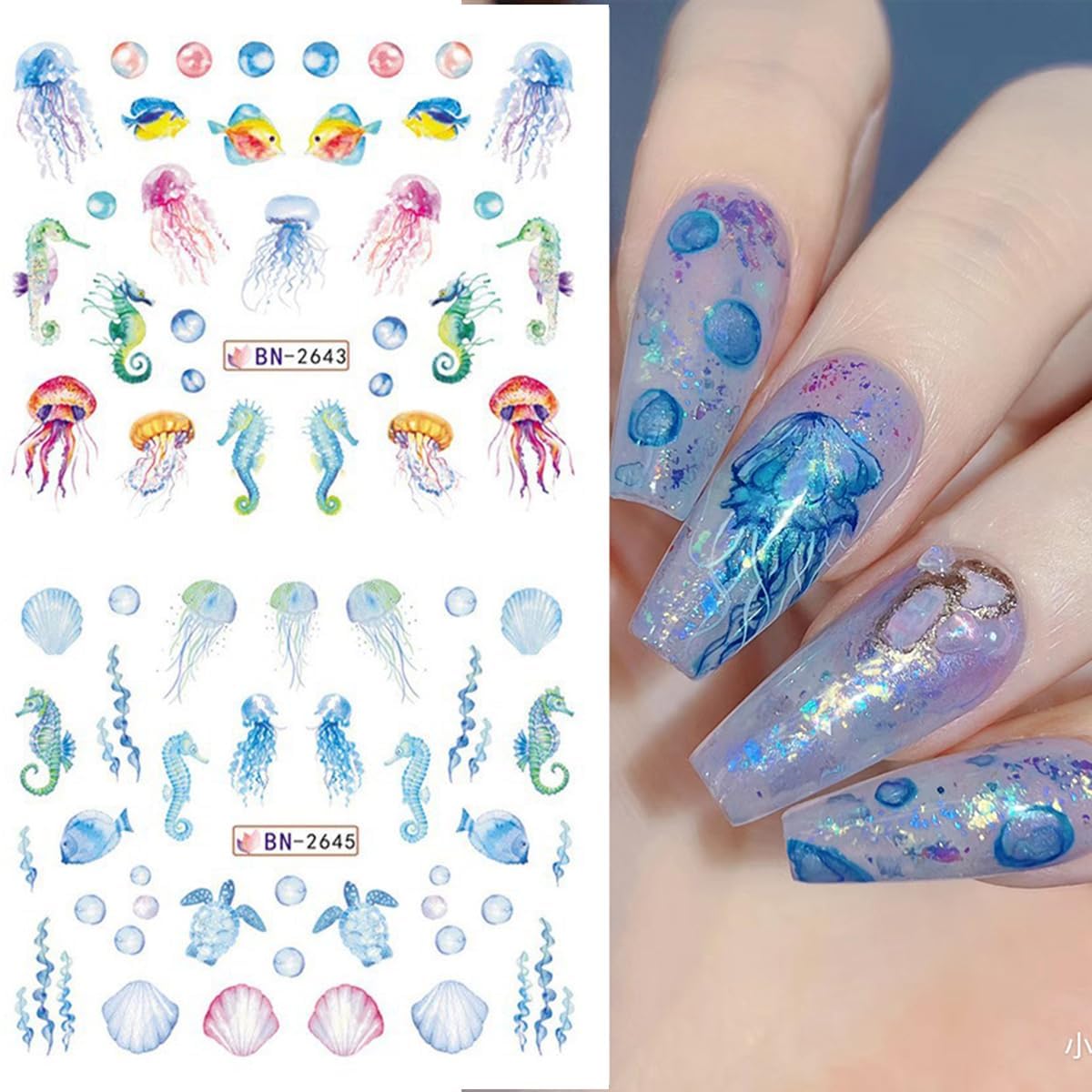 Summer Nail Art Stickers 12 Sheets Seashell Starfish Water Transfer Foils Decals Jellyfish Shells Sea Turtles Seahorses Design Acrylic Ocean Theme Supplies for Women DIY Decor-Velvo Beauty