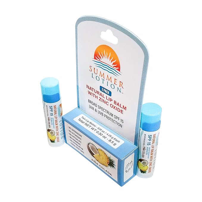Natural Lip Balm with Zinc Oxide Sunblock by Summer Lotion, SPF 15 Lip Sunscreen 2-Pack, Water Resistant Chapstick, SPF Lip Protection for Everyone, (Pina Colada)-Velvo Beauty