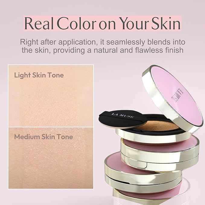 LA MUSE Complexion Correcting-Korean Cushion Foundation(2 Packs) | No Makeup Look, Daily Korean Makeup Foundation, Comfortable Wear | Natural Tone-Up Effect, Light to Medium Tones | For All Skin Types-Velvo Beauty