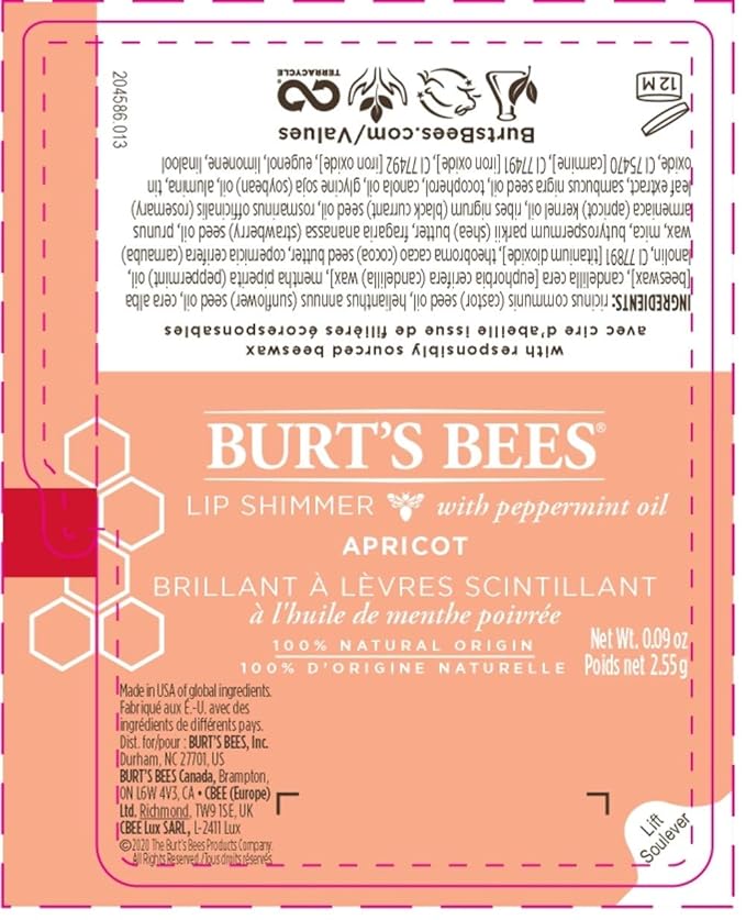 Burt's Bees Lip Balm, Moisturizing Lip Shimmer for Women, for All Day Hydration, with Vitamin E & Coconut Oil, 100% Natural, Apricot, 0.09 Ounce-Velvo Beauty