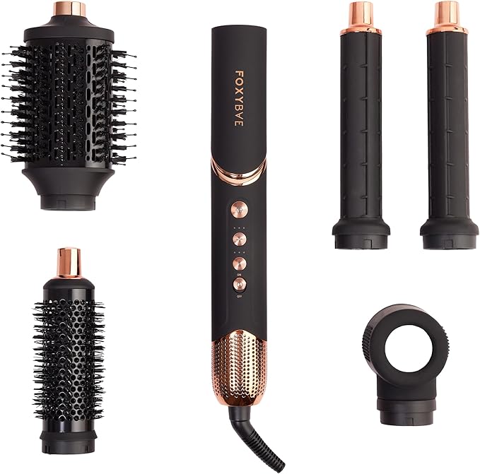 FoxyBae Super Styler Pro Interchangeable 5 in 1 Hair Styler Wand Curling Iron Set - w/Drying Cylinder, Ceramic Blowout & Round Brushes, 2 Auto-Wrap Curlers - Frizz-Free, Smooth Hair [Black Rose-Gold]-Velvo Beauty