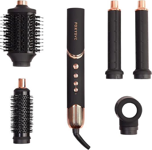 FoxyBae Super Styler Pro Interchangeable 5 in 1 Hair Styler Wand Curling Iron Set - w/Drying Cylinder, Ceramic Blowout & Round Brushes, 2 Auto-Wrap Curlers - Frizz-Free, Smooth Hair [Black Rose-Gold]-Velvo Beauty