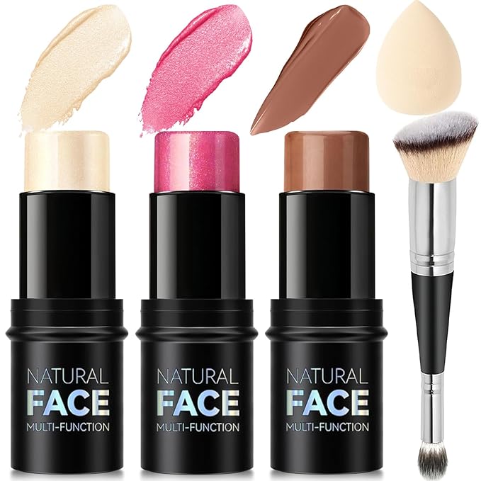 3Pcs Cream Contour Stick Makeup Kit, Shades with Highlighter Stick, Blush Stick and Bronzer Contour Stick for Sculpt the Cheeks, Long Lasting, Waterproof, Matte & Dewy Finish (LIGHT)-Velvo Beauty