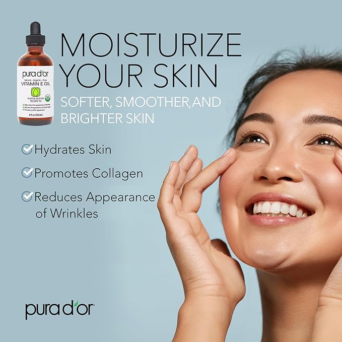 PURA D'OR 4 Oz ORGANIC Vitamin E Oil Blend - 100% Natural Hexane Free, Sweet Almond, Apricot, Jojoba, Argan, Rosehip, Sunflower & Avocado Bath Oil For Scars, Skin, Face & Full Body-Velvo Beauty