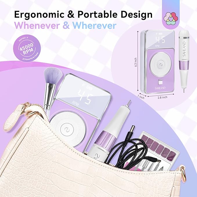 SAVILAND SSPro X-Drill Nail Drill Professional: 45000 RPM Quick Removal for Acrylic Nails Electric Nail File 3000 mAh Nail Drill Kit Portable EFile with Ceramic Bits Sanding Bands Nail Tech Salon-Velvo Beauty