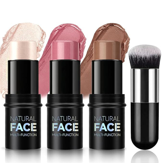 3 Pcs Cream Blush Contour Highlighter Stick for Cheeks Eyes Lips Lightweight Dewy Finish Blush Stick Waterproof Long Lasting Contour Stick Trio Wand Face Makeup Set for Girls and Women (2+5+6)-Velvo Beauty