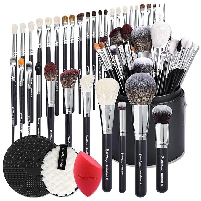 Bueart Design Pro makeup Artist 34Pcs Deluxe Real Goat Hair Horse hair Makeup Brushes Set with extra Large Holder High End Professional labeled makeup brush set with natural Pony Hair-Velvo Beauty