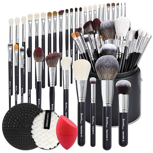 Bueart Design Pro makeup Artist 34Pcs Deluxe Real Goat Hair Horse hair Makeup Brushes Set with extra Large Holder High End Professional labeled makeup brush set with natural Pony Hair-Velvo Beauty