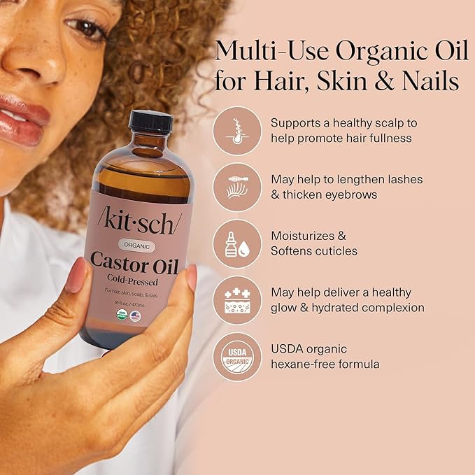 Kitsch Organic Castor Oil for Hair Growth - 100% Pure Castor Oil, Organic Cold Pressed Unrefined Glass Bottle for Face, Skin, Lashes, Brows, Scalp, Nails & Belly Button - Hexane Free, USDA - 16 oz-Velvo Beauty