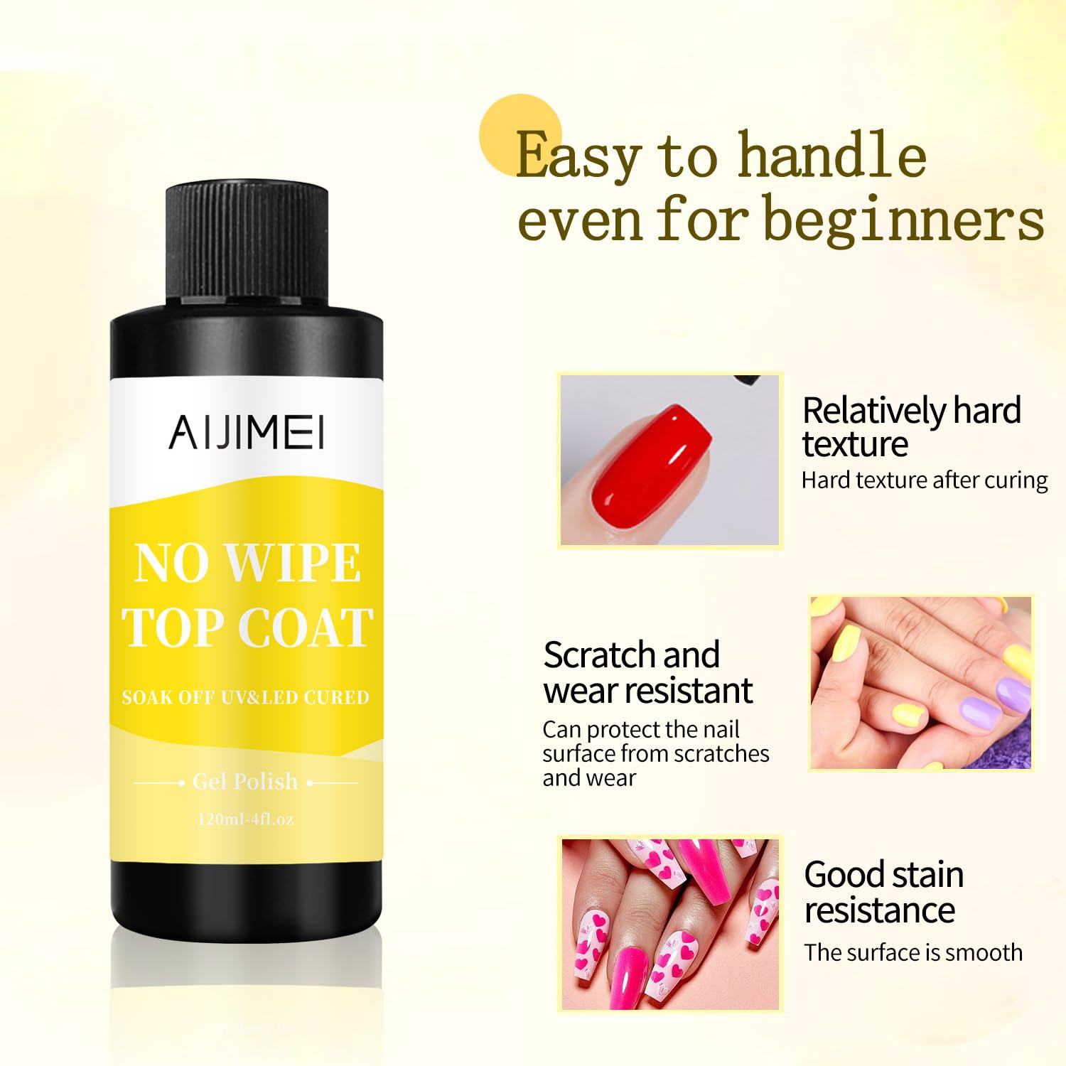 AIJIMEI 120ml Gel Polish No Wipe Top Coat Long Lasting Top Gel for Acrylic Nails,Top Coat for Home DIY and Nail Salon Non-Wipe TopCoat 4 Fl Oz-Velvo Beauty