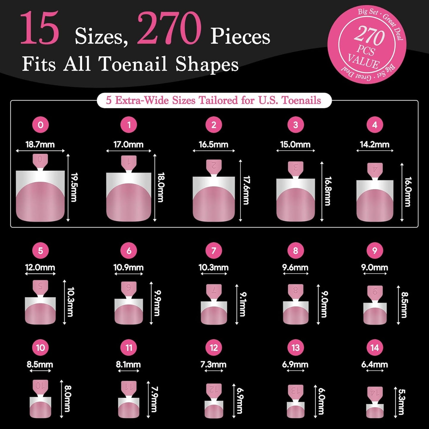 Toe Nail Press Ons French Tip, Sharp Square Berry Pink Pre-Designed Fake Toenail Press On for Women DIY, Soft False Acrylic Nail Extension 15 Sizes, 270 Pcs - Builder Nail Gel & Top Coat Needed-Velvo Beauty