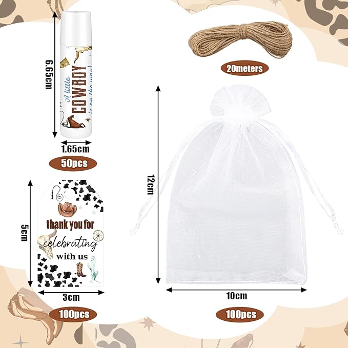 Demissle 50 Pcs Baby Shower Lip Balm Gift Set with 100 Pcs Organza Bags Baby Shower Party Favor for Guest Thank You Tag Rope Baby Shower Party Decoration Gender Reveal Souvenirs (Cowboy)-Velvo Beauty