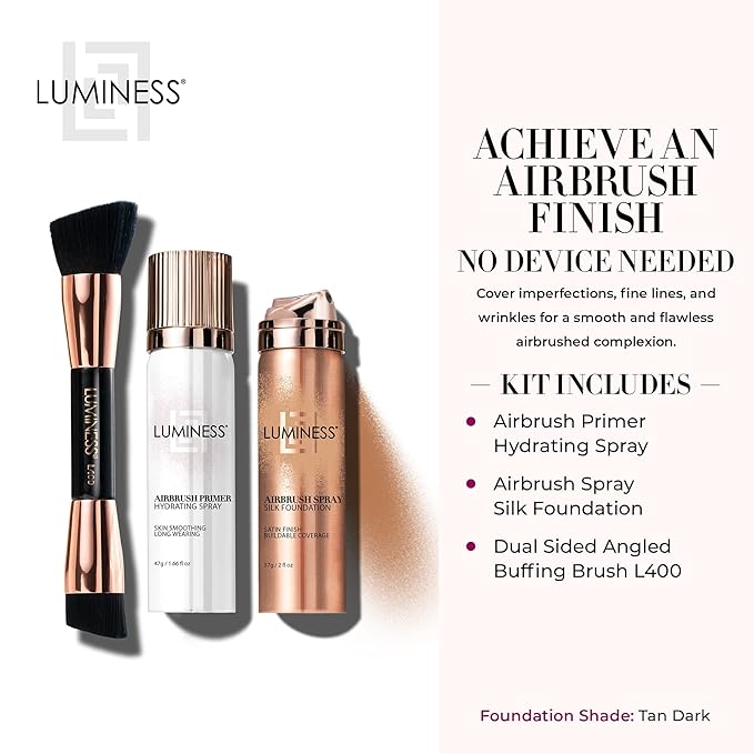 LUMINESS Airbrush Spray Silk Foundation Starter Kit - Tan Dark - Foundation, Primer & Dual-Sided Angled Buffing Brush - Medium, Buildable Coverage, Anti-Aging Formula Hydrates & Moisturizes-Velvo Beauty