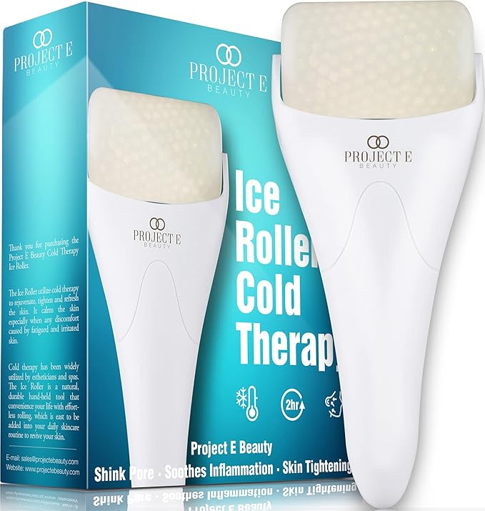 Ice Roller Cold Therapy by Project E Beauty | Reduce Under Eye Puffiness & Dark Circles | Tightens & Firms Skin | Diminish Wrinkles | Pain Relief | Muscle Soreness | Redness (Face & Body Roller)-Velvo Beauty