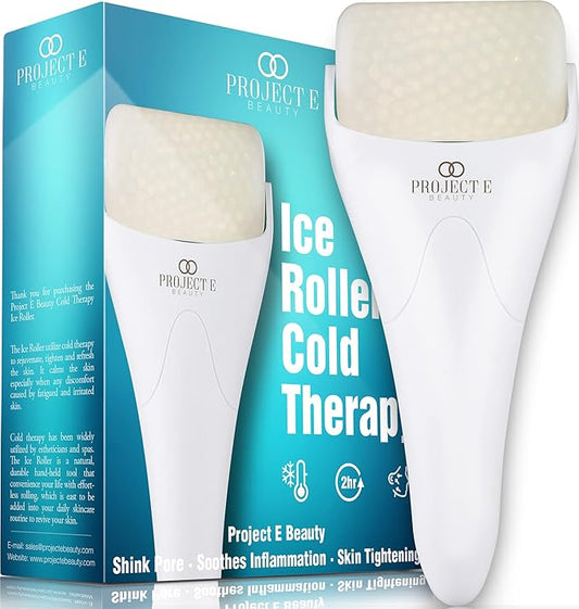 Ice Roller Cold Therapy by Project E Beauty | Reduce Under Eye Puffiness & Dark Circles | Tightens & Firms Skin | Diminish Wrinkles | Pain Relief | Muscle Soreness | Redness (Face & Body Roller)-Velvo Beauty