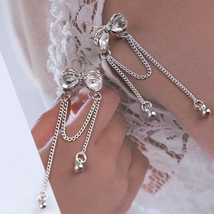 Vintage Crystal Bow Earrings Rhinestone Chain Drop Earrings Silver Long Chain Dangle Earrings Long Tassel Chain Earrings Jewelry for Women-Velvo Beauty