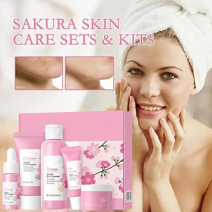 Korean Skin Care Set - Sakura Skin Care Sets & Kits - Women Gift Sets with Cleanser-Toner-Serum-Face Cream-Eye Cream - Skin Care Routine Kit for Women - Beauty Products Gift Box (SetB)-Velvo Beauty