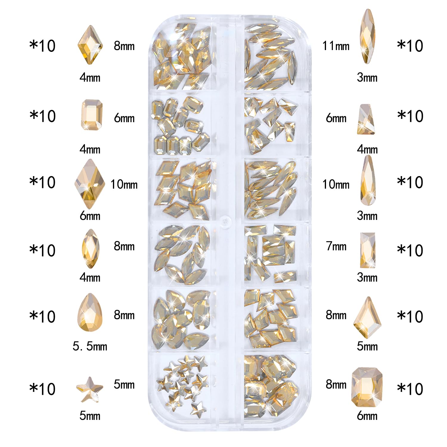 HNUIX Nail Rhinestones - 3D Multi Shape Size Crystal, Champagne Gold Nail Gems, Flat Back, with Kit, for Nail Art, DIY Decorations-Velvo Beauty