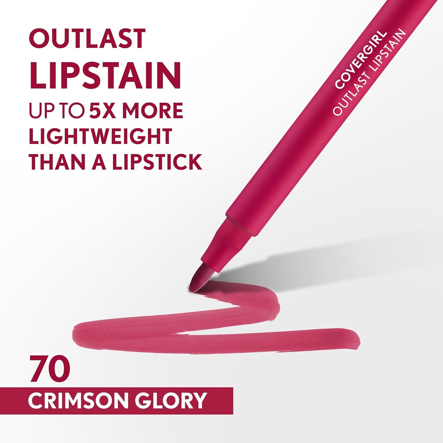 COVERGIRL Outlast, 70 Crimson Glory, Lipstain, Smooth Application, Precise Pen-Like Tip, Transfer-Proof, Satin Stained Finish, Vegan Formula, 0.06oz-Velvo Beauty