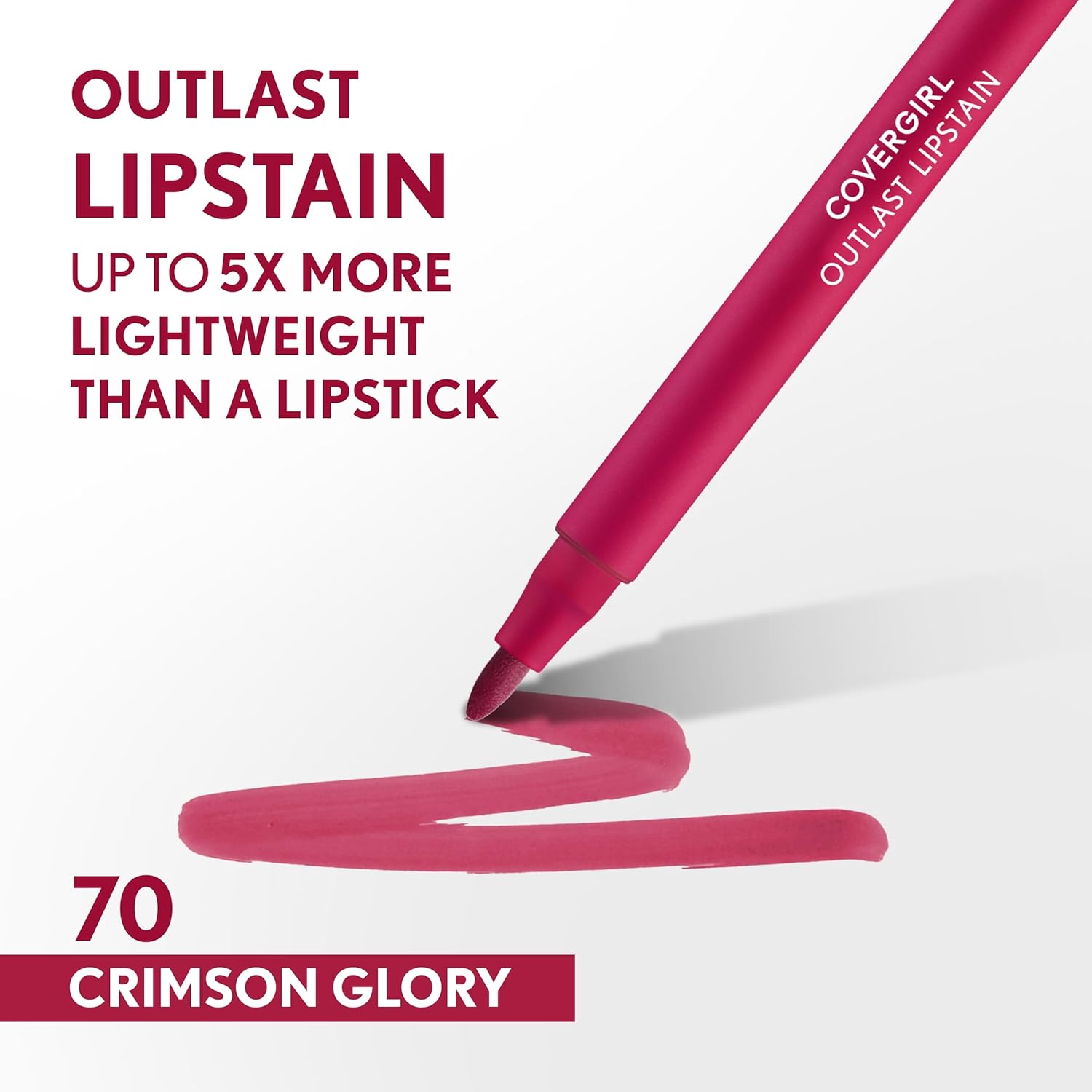 COVERGIRL Outlast, 70 Crimson Glory, Lipstain, Smooth Application, Precise Pen-Like Tip, Transfer-Proof, Satin Stained Finish, Vegan Formula, 0.06oz-Velvo Beauty