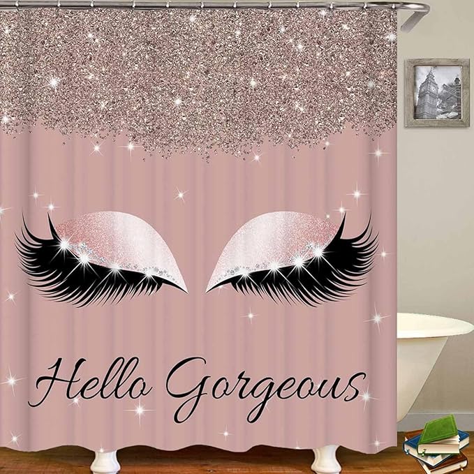 4PCS Hello Gorgeous Shower Curtain Sets with Rugs, Rose Gold Glitter Bling Glam Makeup Diamond Unicorn Eyelash Bathroom Decor, Waterproof Fabric Pink Shower Curtain Girly Gifts for Girls Women-Velvo Beauty