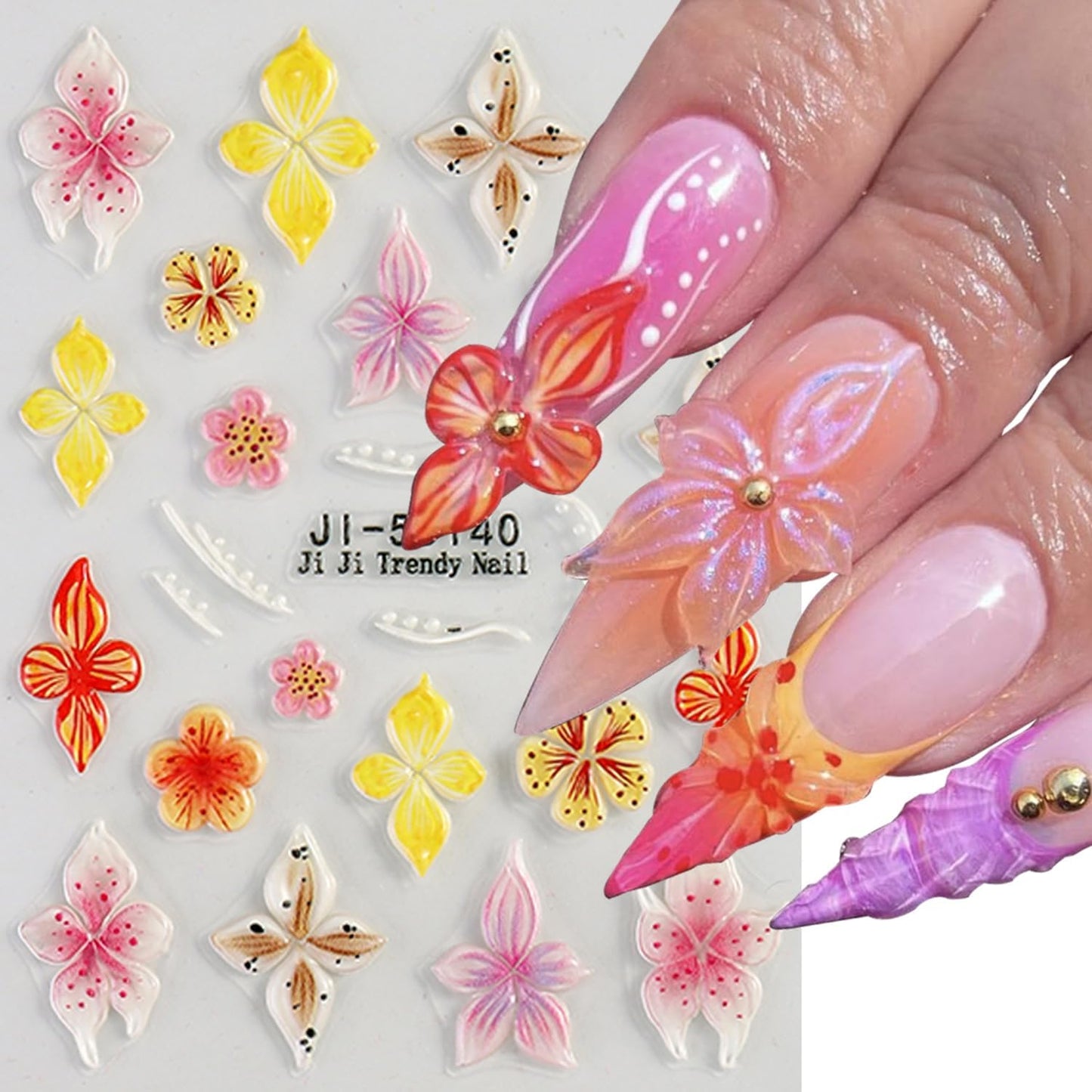 Colorful Flower Nails Art Stickers 5D Self-Adhesive Embossed Nails Stickers Hibiscus Flower Design Tropical Floral Nails Decal Supplies Women DIY Nail Art Decoration 3 Sheets-Velvo Beauty