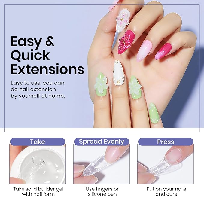 MIZHSE Solid Builder Gel Nail Kit with Nail Lamp, 3 Colors Builder Gel Clear Milky White Nude Hard Sculpting 3D Art U V LED Gels with Dual Form-Velvo Beauty