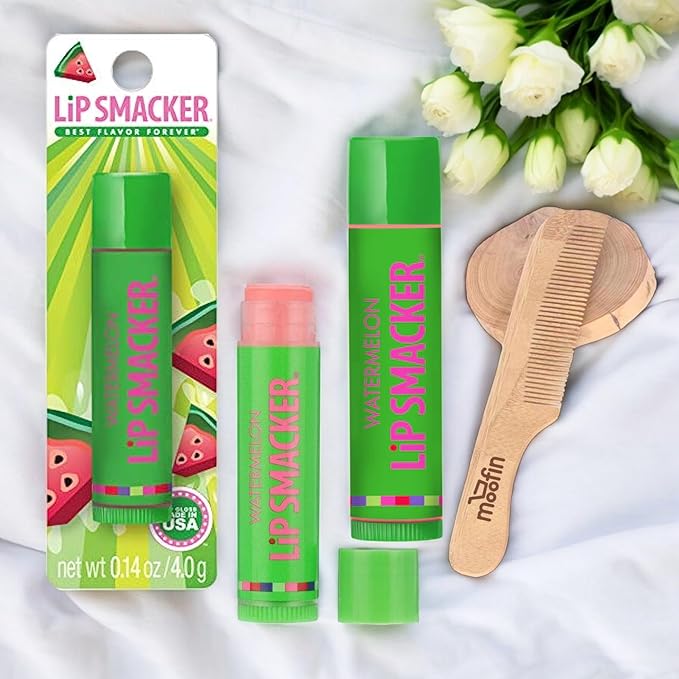 Lip Smacker Water melon Flavored Balm, Glossy Balm for Soft, Shiny s, gloss Hydrating Clear Shine, Built in USA, Bundle with Moofin Wooden Comb, skin care [Pack of 2]-Velvo Beauty