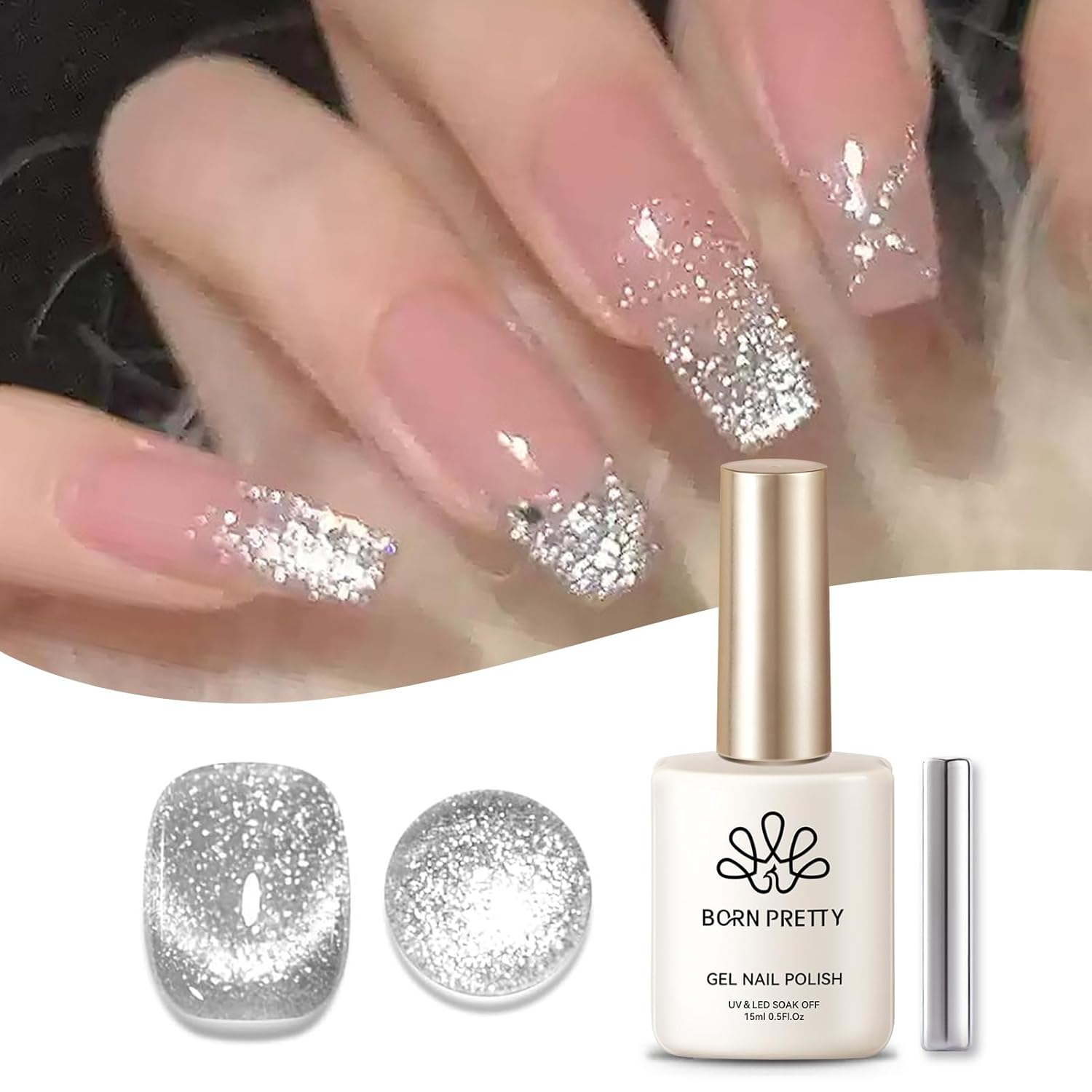 Born Pretty Cat Magnetic Eye Gel Nail Polish, Silver Platinum Cat Magnetic Gel, Sparkle Glitter Magnetic Soak Off U v Nail Gel Diy Art Manicure Nail Salon Varnish 15ML-Velvo Beauty