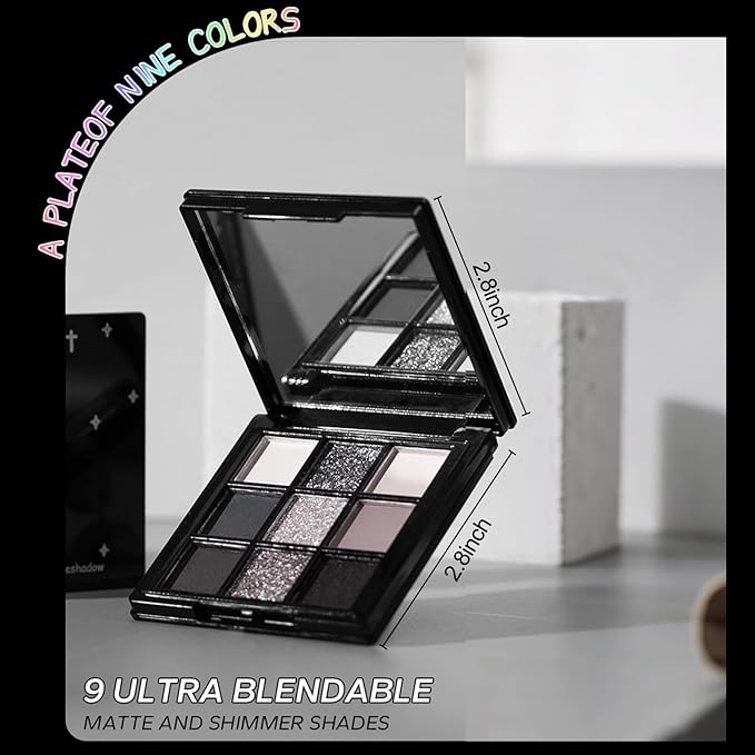 Erinde 9 Color Smokey Eyeshadow Palette, Highly Pigmented Matte & Glitter Shades,Black Silver Gray Eye Shadow Set for Halloween Makeup, Long-Lasting, Waterproof & Blendable, Reversal Star Smokey-Velvo Beauty