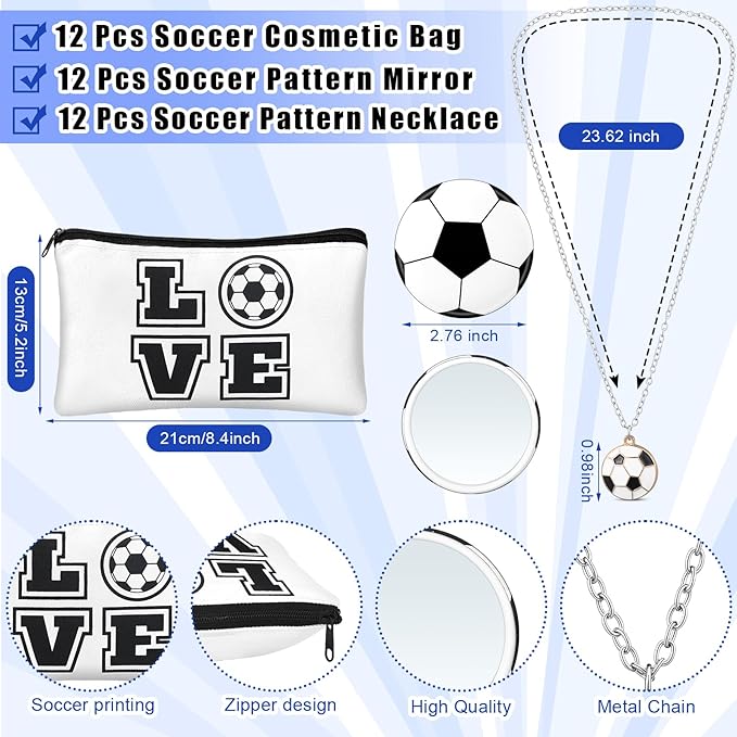 72 Pcs Sports Team Gifts Include 12 Makeup Bags 12 Lip Balm 12 Lip Balm Holder 12 Necklace 12 Adjustable Bracelet 12 Mirrors for Sports Lovers Players Party Favors (Black, Soccer)-Velvo Beauty