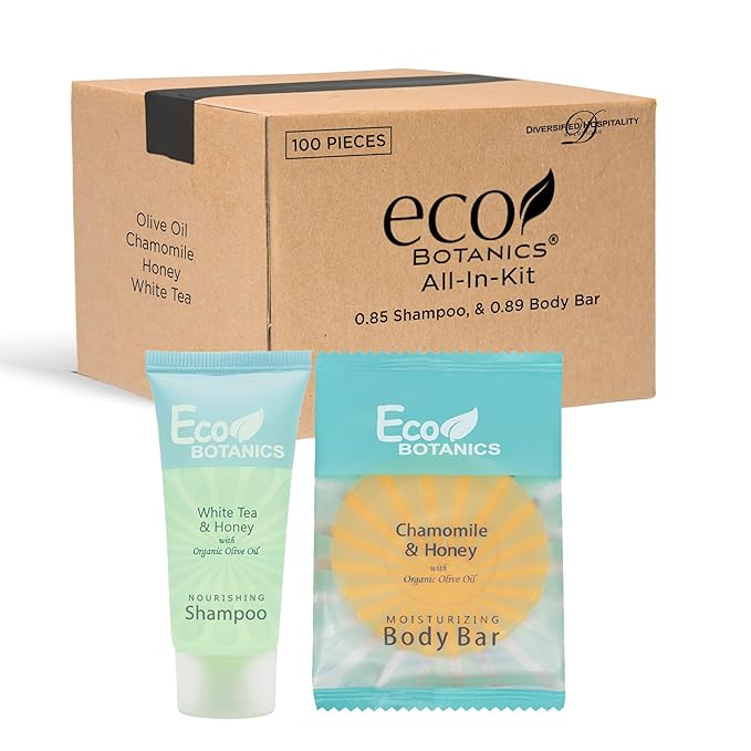 Eco Botanics Hotel Soaps and Toiletries Bulk Set | 1-Shoppe All-In-Kit Amenities for Hotels & Airbnb | 0.85 Conditioning Shampoo & oz Bar Soap Travel Size | 100 pieces-Velvo Beauty