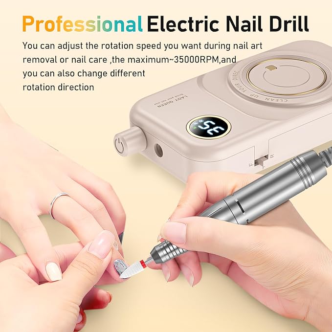 Portable Nail Drill Electric File: 35000RPM Professional Rechargeable Nail E File Machine,for Acrylic Nails Gel Polishing Removing, Cordless Efile with Bits Kit for Manicure Salon Home (Pink)-Velvo Beauty