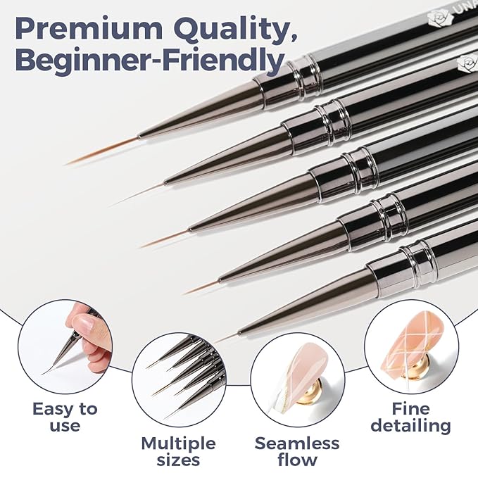 UNA GELLA Nail Art Brushes Metallic, Liner Pens 5Pcs Set For Nail Art Gel Polish, Gray Color, Detail Nail Art Design Painting Brush Set For Nails Gel Fine Drawing Nail Tools, 6/9/11/15/18mm Sizes-Velvo Beauty