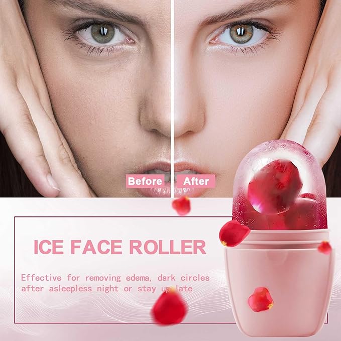 XHJRI Ice Face Roller Massager,Ice Cube Roller for Face, Eyes and Neck Naturally Conditioning and Skin Care,De-Puff Eye Bags,Reduce Migraine Pain,Reusable Massage Silicone Ice Mold (New Pink White)-Velvo Beauty