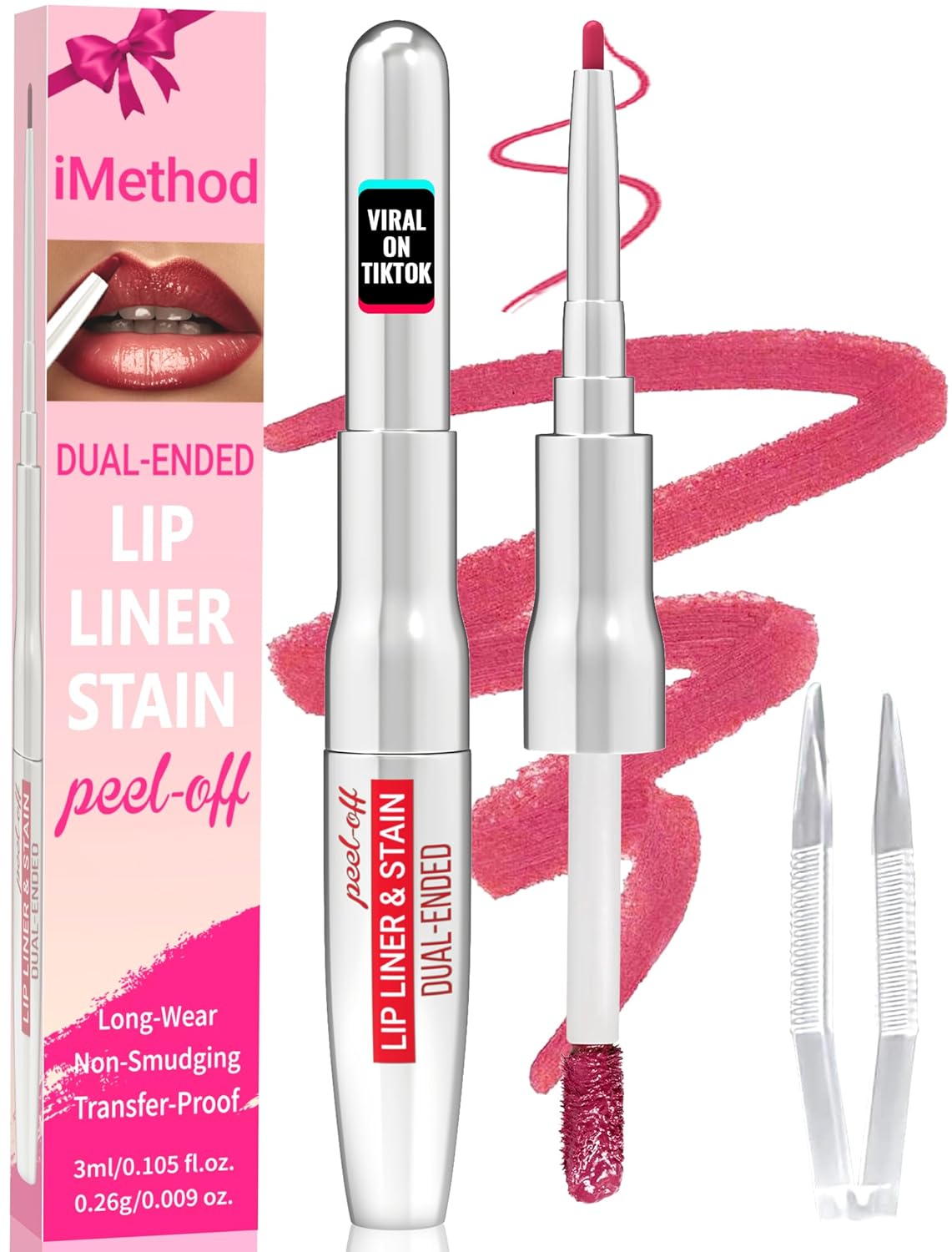 iMethod Lip Liner Stain - Lip Stain, 2-In-1 Dual-Ended Peel Off Lip Stain with Tweezer, Natural Long Lasting Peel Off Lip Liner, Easy to Use for All Skin Types, Stay All Day, Rose-Velvo Beauty