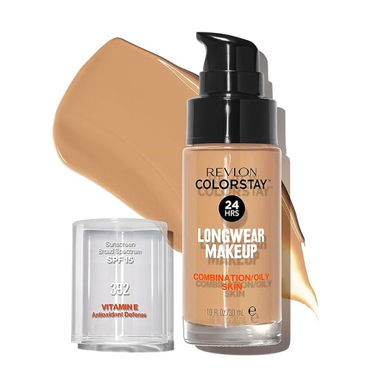 Revlon Liquid Foundation, ColorStay Face Makeup for Combination & Oily Skin, SPF 15, Medium-Full Coverage with Matte Finish, Sun Beige (392), 1.0 oz-Velvo Beauty