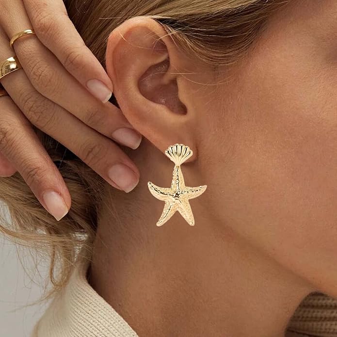 Vintage Starfish Dangle Earrings Starfish Drop Earrings Gold Metal Seashell Stud Earrings Hammered Starfish Earrings Jewelry for Women-Velvo Beauty