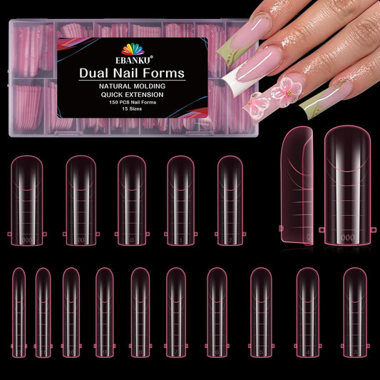 EBANKU Dual Nail Forms for Poly Extension Gel, 150 PCS Pink Nail Molds Reusable 15 Sizes Nail Extension Forms for Builder Gel Manicure Design Salon DIY-Velvo Beauty