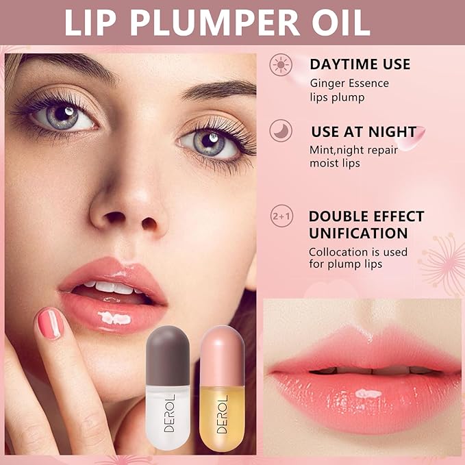 DEROL 2Pcs Natural Lip Plumper, Plant Extracts Plumping Lip Serum, Lip Enhancer Including Day and Night Lip Plumping Balm, Lip Care Serum for Fuller & Hydrated Sexy Lip (5.5MLX2)-Velvo Beauty